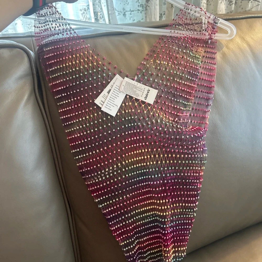 Sexy Shiny Rhinestone Rainbow 🌈Mesh Summer Crop Top Stretchy - Picture 12 of 17